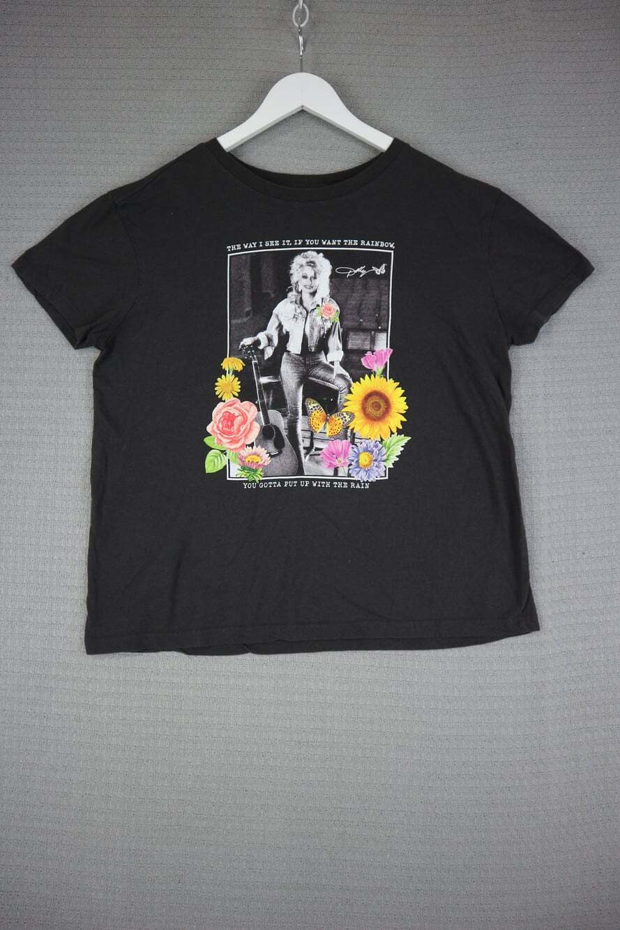 Dolly Parton Rainbow Floral Graphic T-Shirt Large Black Quote Country Music Tee